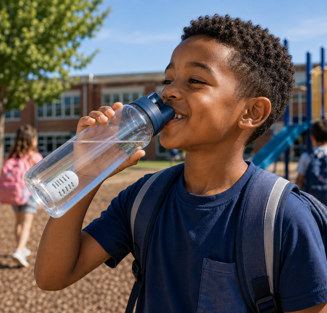 Child drinking from a reusable water bottle in a school playground