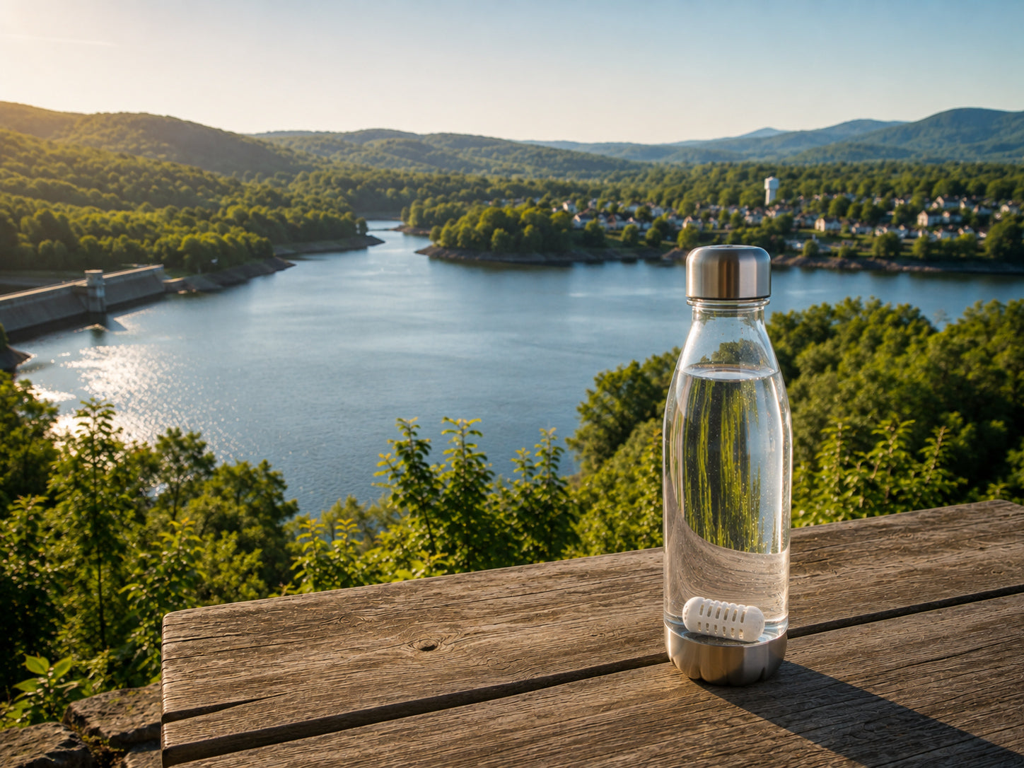 Reusable water bottle with GOpure Pod overlooking a reservoir