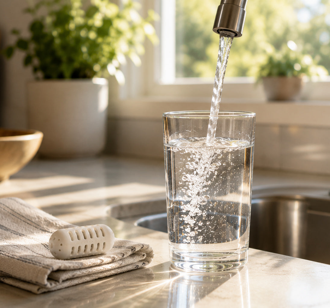 GOpure Pod beside a glass of fresh tap water in a home kitchen