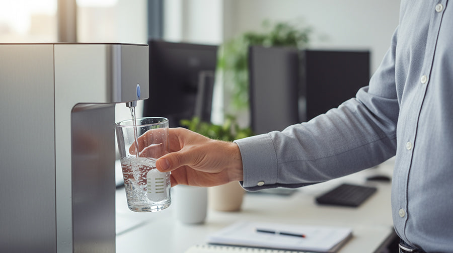 Glass filling with water beside a GOpure Pod in an office environment