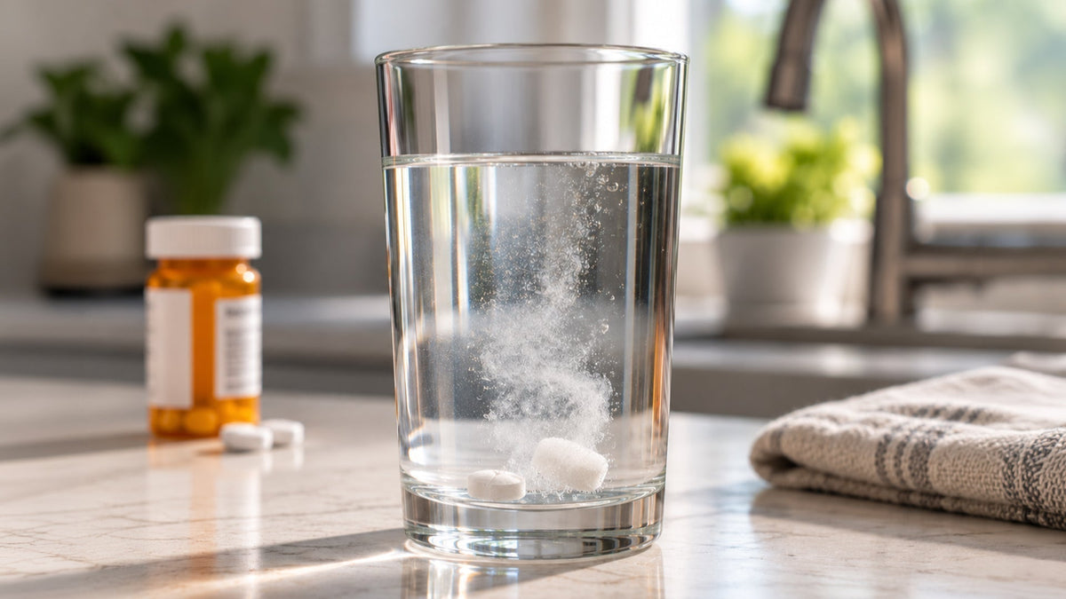 Medication tablets dissolving in a glass of water 