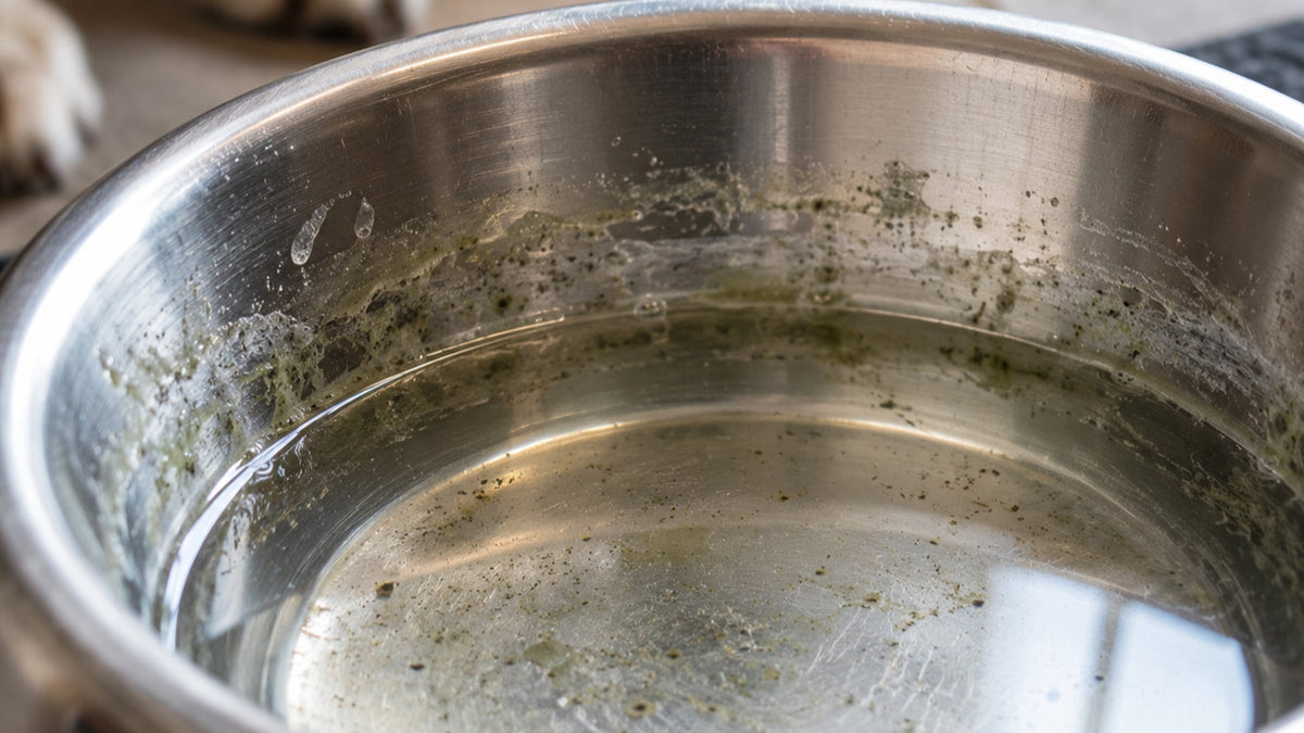 Dirty stainless steel pet water bowl showing residue and buildup 