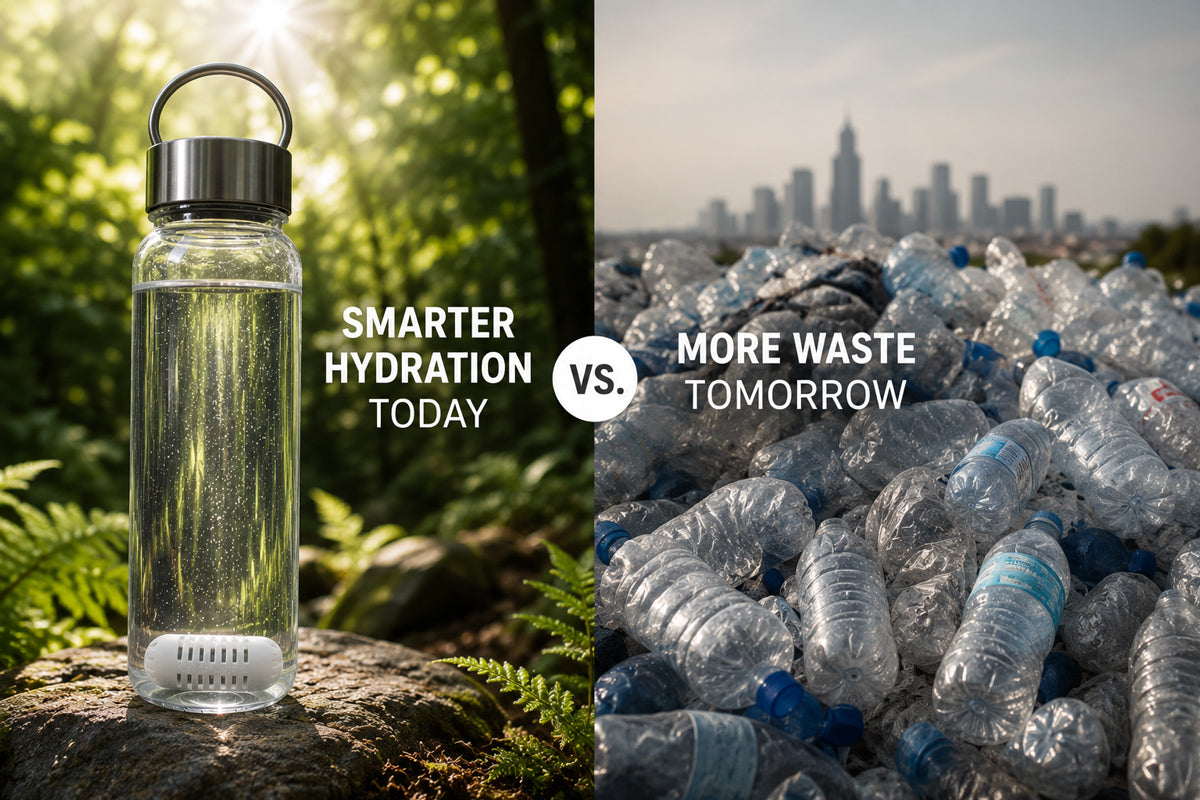 Filtered water bottle contrasted with a pile of discarded plastic bottles.