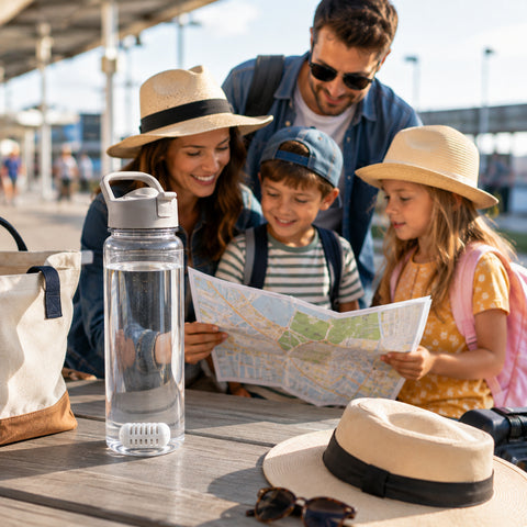 Family travelling with a reusable water bottle and GOpure Pod
