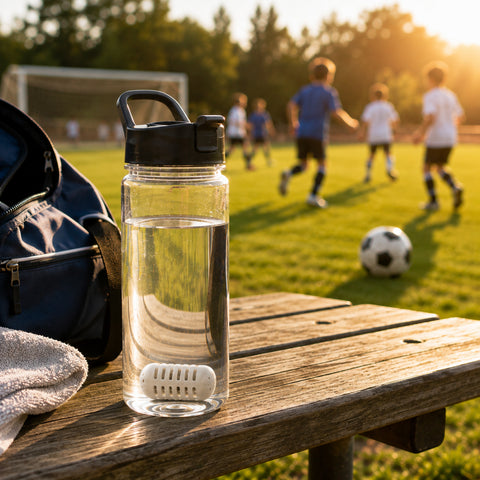 Reusable water bottle with GOpure Pod beside a soccer field