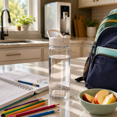 Reusable water bottle with GOpure Pod ready for a school day