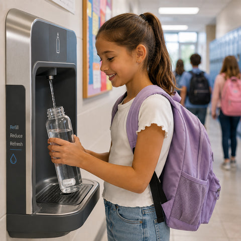 Student refilling a reusable water bottle at a school water station