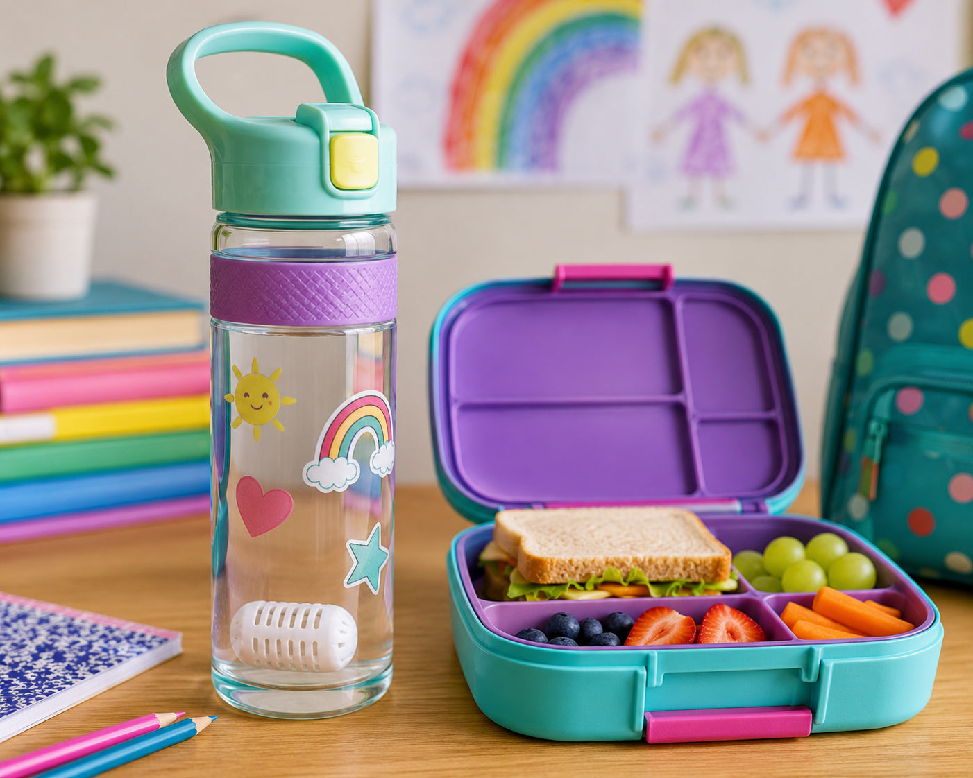 Kids’ reusable water bottle with GOpure Pod beside a healthy school lunch