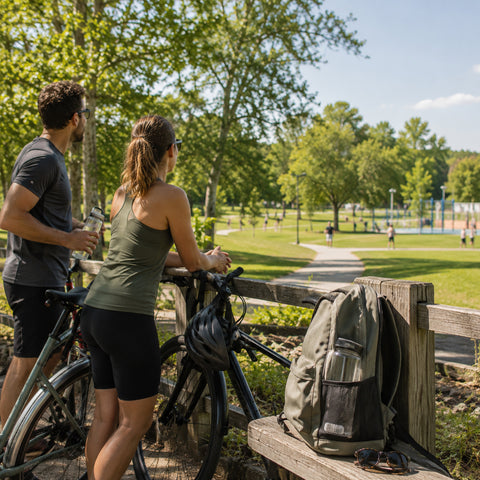 Cyclists carrying reusable water bottles with GOpure Pods at a park