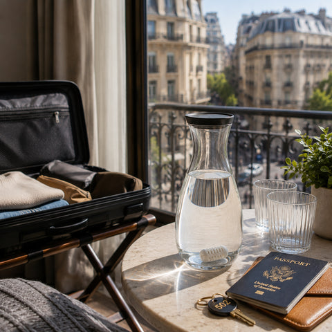GOpure Pod in a water jug beside luggage while travelling