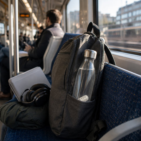 Reusable water bottle with GOpure Pod packed for a train journey